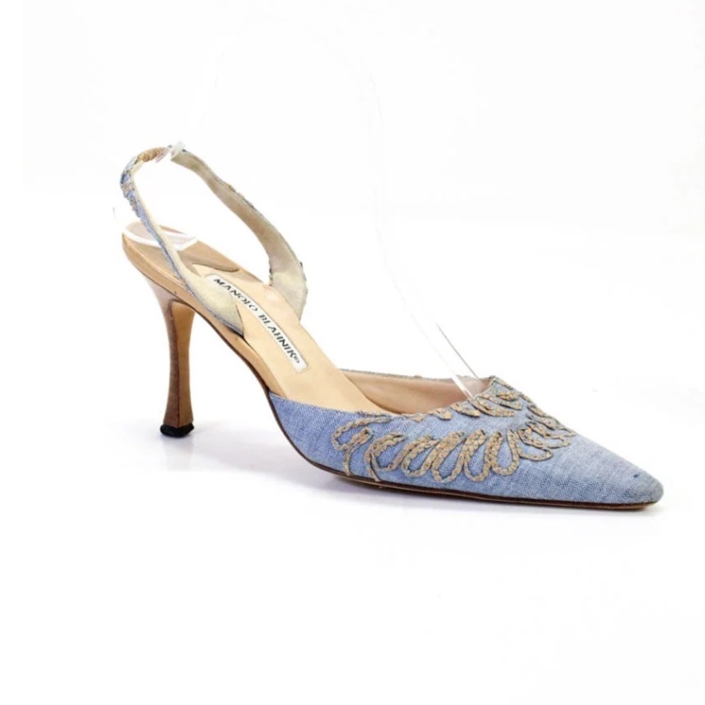 Manolo Blahnik Blue and Gold Heels